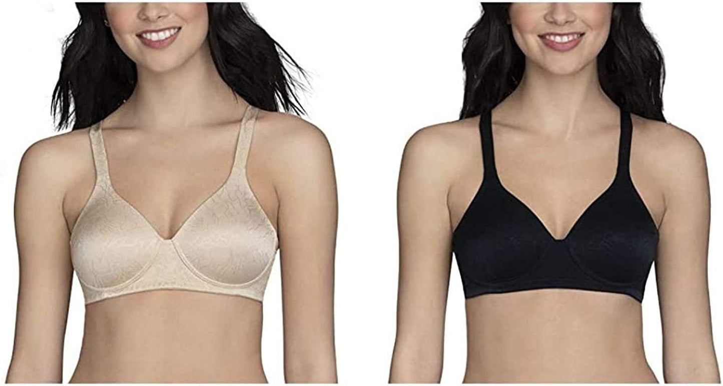Vanity Fair Women'S Body Shine Full Coverage T-Shirt Bra Wirefree - 2 Pack - Beige Jacquard/Black Jacquard / Wirefree / 40DD