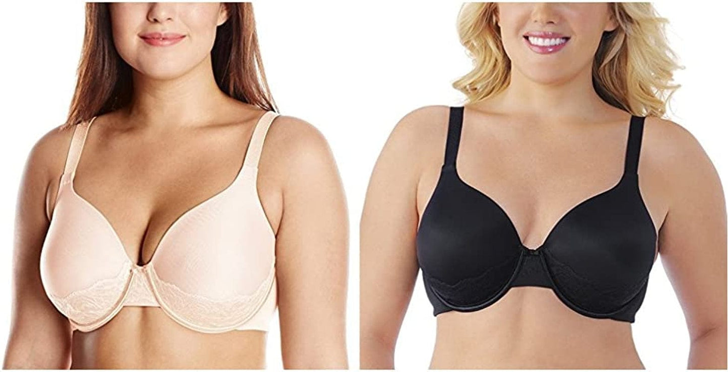 Vanity Fair Women'S Full Figure Beauty Back Smoothing Bra with Lace (36C-42DD) Underwire - 2 Pack - Champagne/Black / Underwire (76382) / 38DD