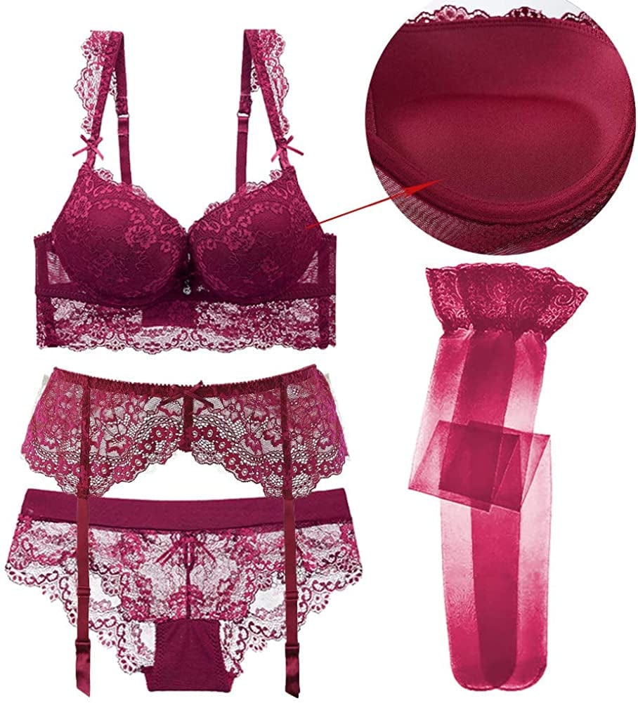 Varsmiss Sexy Lingerie Set Floral Lace Unlined Bra and High Waisted Panty Set for Women Black Wine Red / (32) B