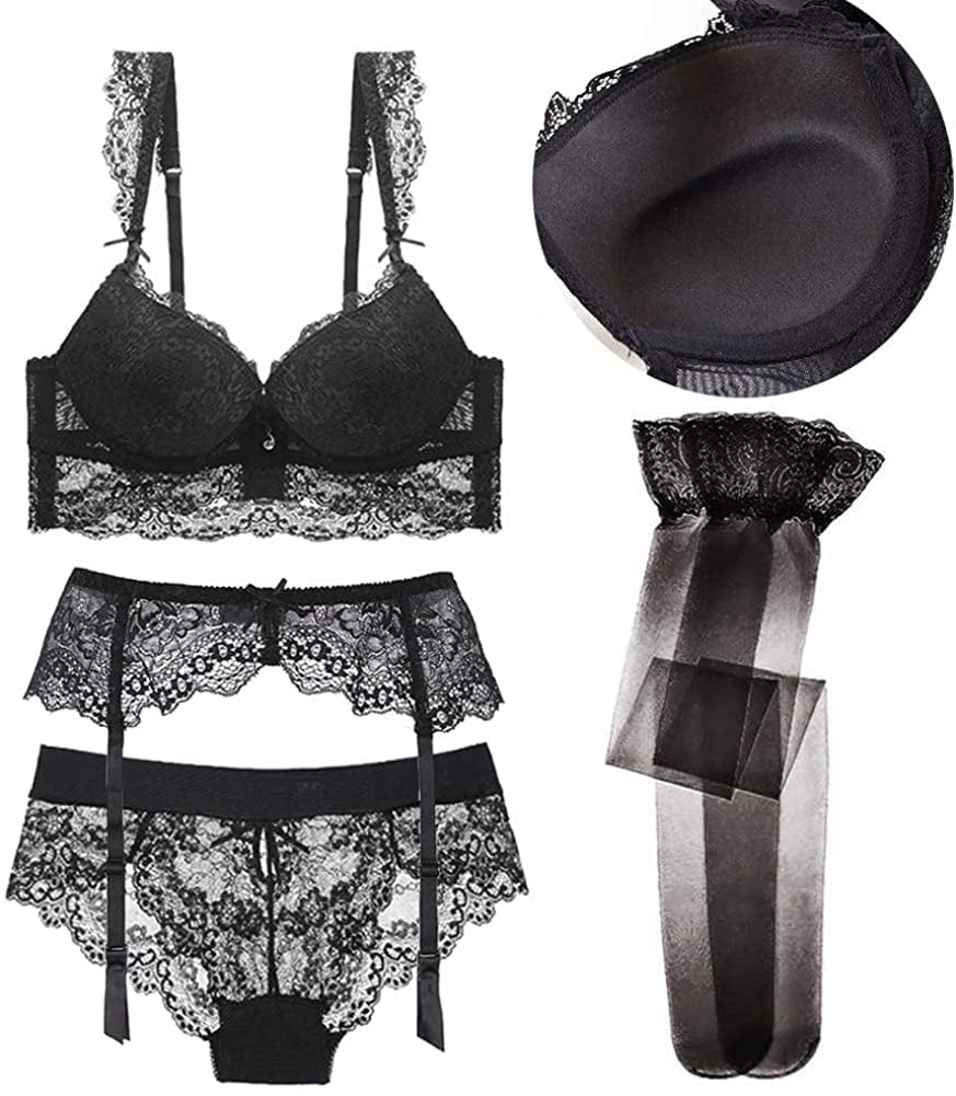 Varsmiss Sexy Lingerie Set Floral Lace Unlined Bra and High Waisted Panty Set for Women Black Black2 / (34) A