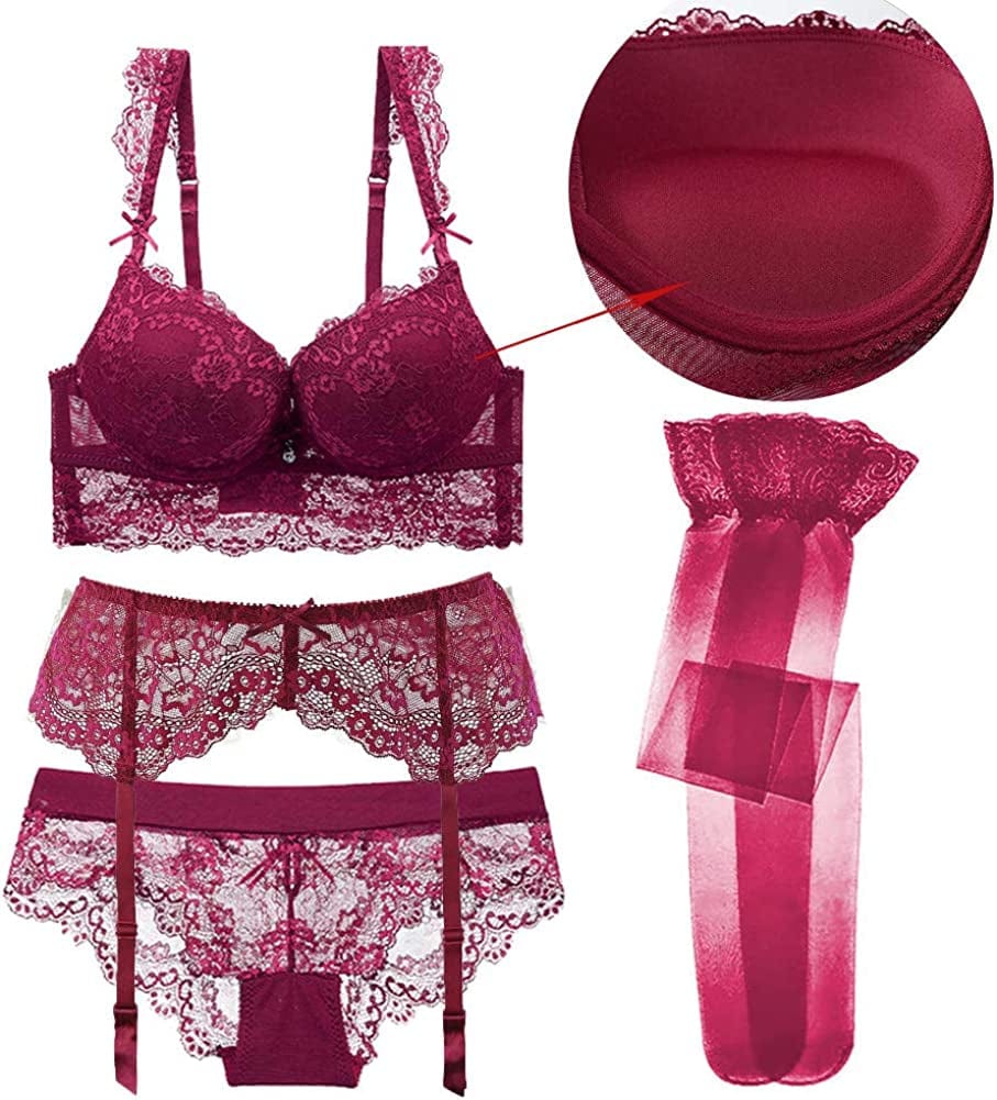 Varsmiss Sexy Lingerie Set Floral Lace Unlined Bra and High Waisted Panty Set for Women Black Wine Red / (36) C