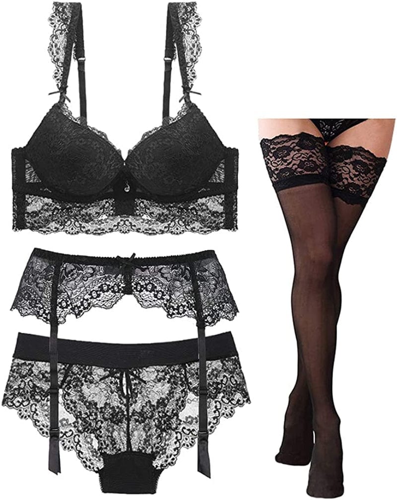 Varsmiss Sexy Lingerie Set Floral Lace Unlined Bra and High Waisted Panty Set for Women Black