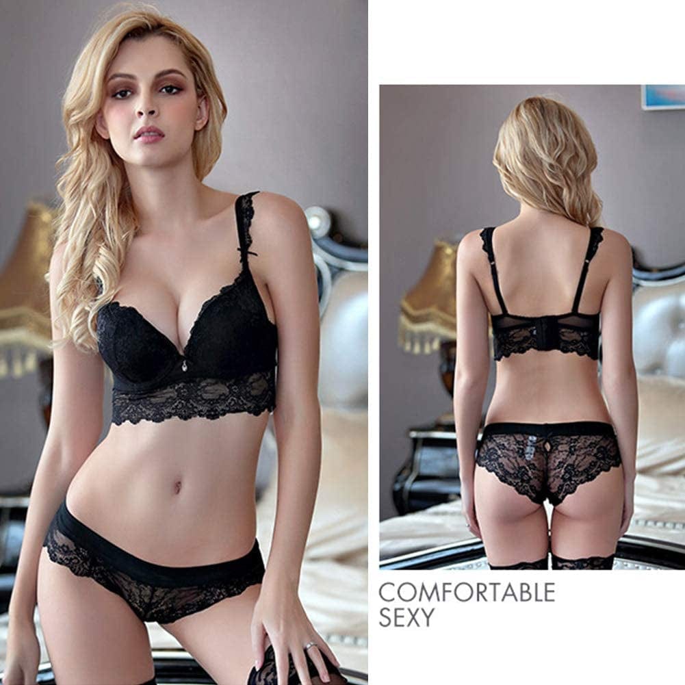 Varsmiss Sexy Lingerie Set Floral Lace Unlined Bra and High Waisted Panty Set for Women Black