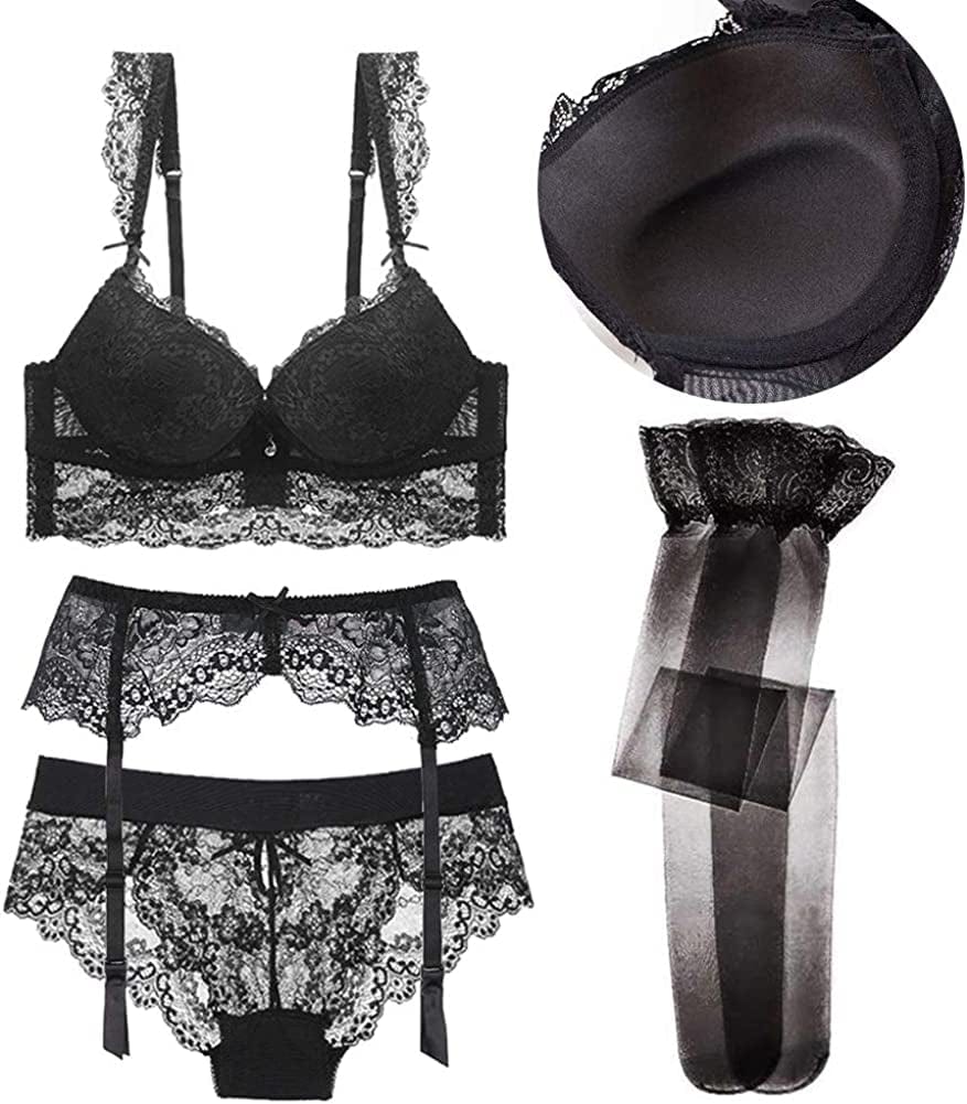 Varsmiss Sexy Lingerie Set Floral Lace Unlined Bra and High Waisted Panty Set for Women Black Black2 / (36) C