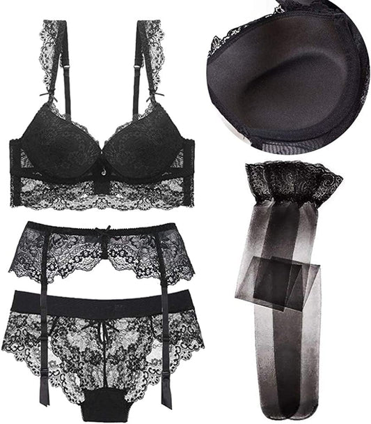 Varsmiss Sexy Lingerie Set Floral Lace Unlined Bra and High Waisted Panty Set for Women Black Black2 / (36) C