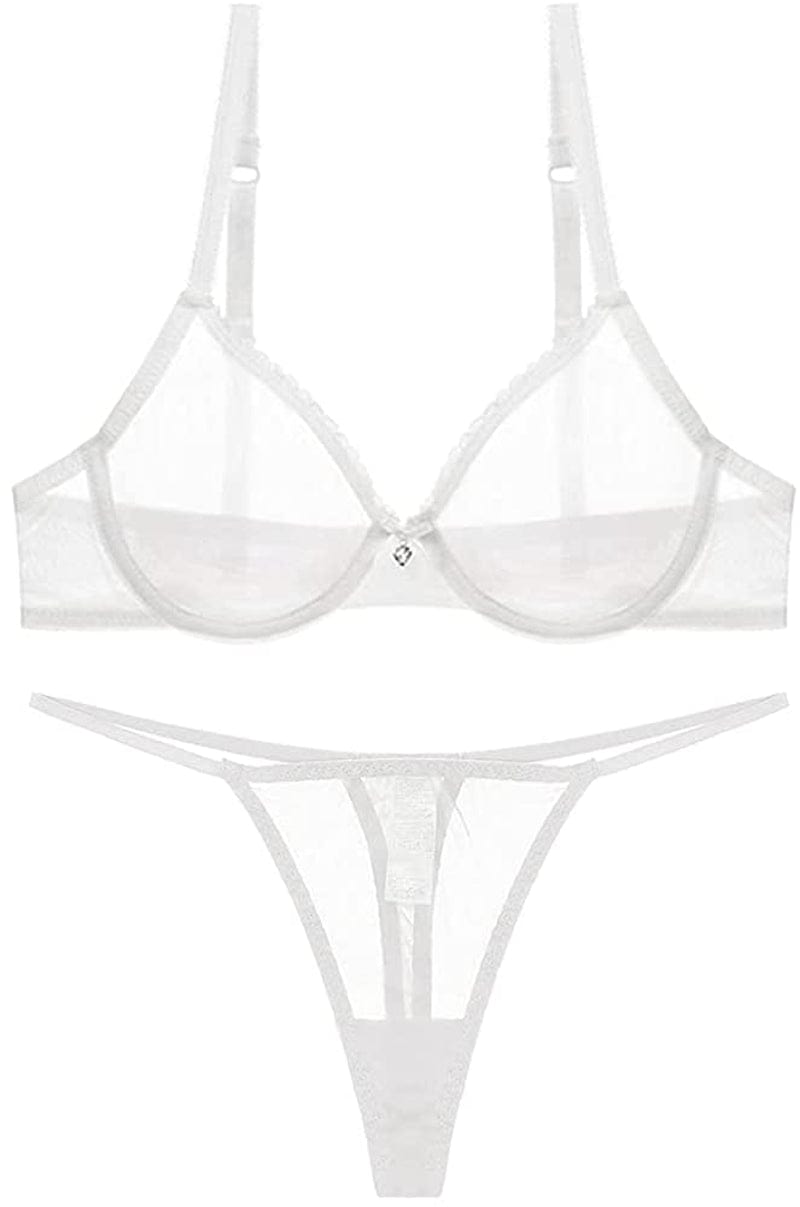 Varsmiss Women See through Mesh Bra and Thong Set Transparent Sexy Underwear White1 / 34D