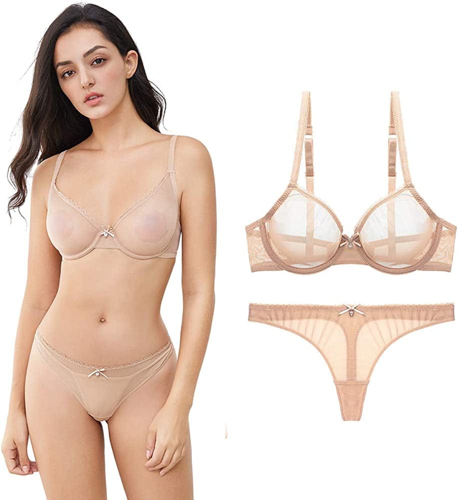 Varsmiss Women See through Mesh Bra and Thong Set Transparent Sexy Underwear Beige / 40D