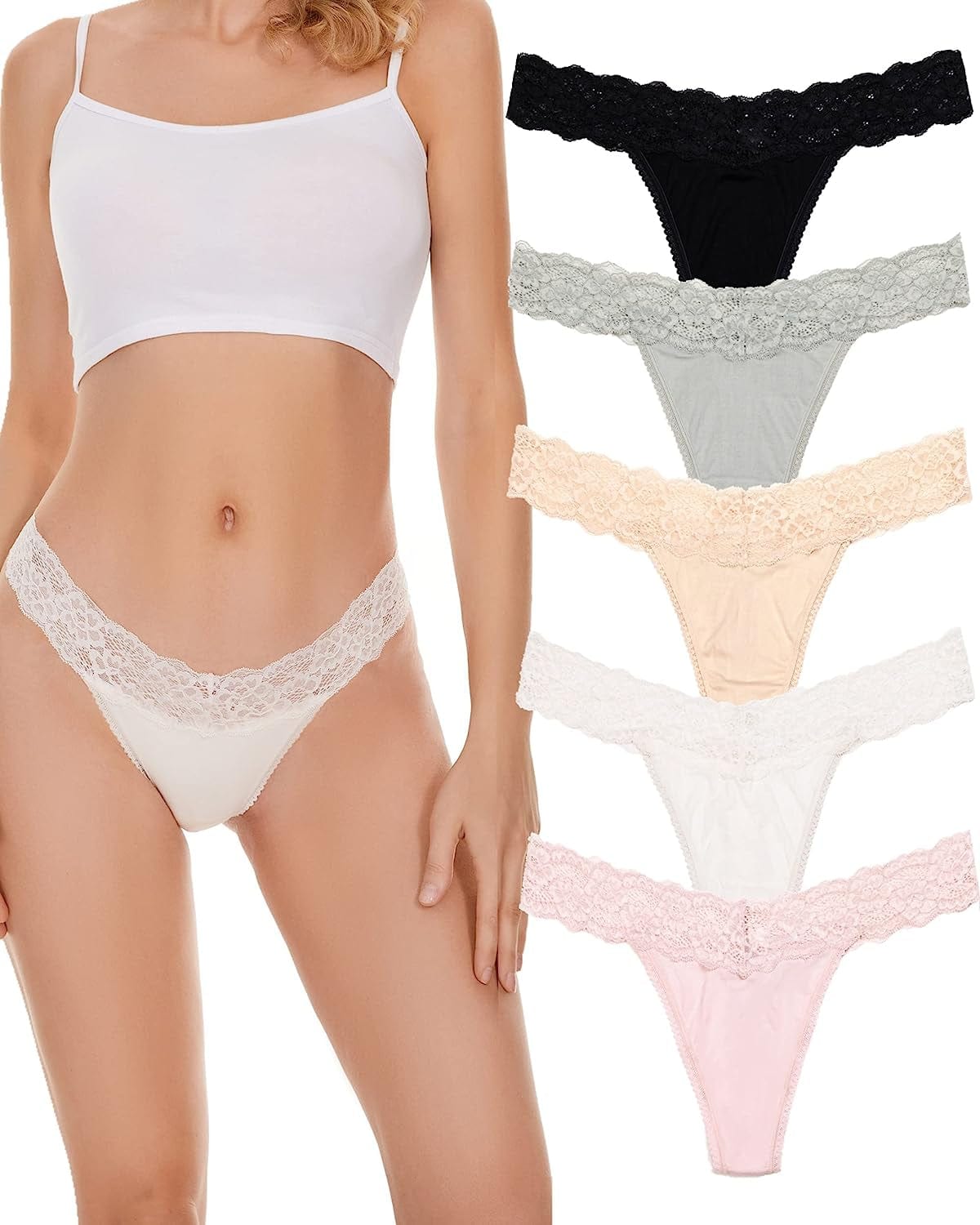 VEMILOTS Lace Thongs for Women Pack Seamless Stretch No Show Underwear Cotton Modal Thong Panties 5 Pack 5pc Classic Assorted / X-Large