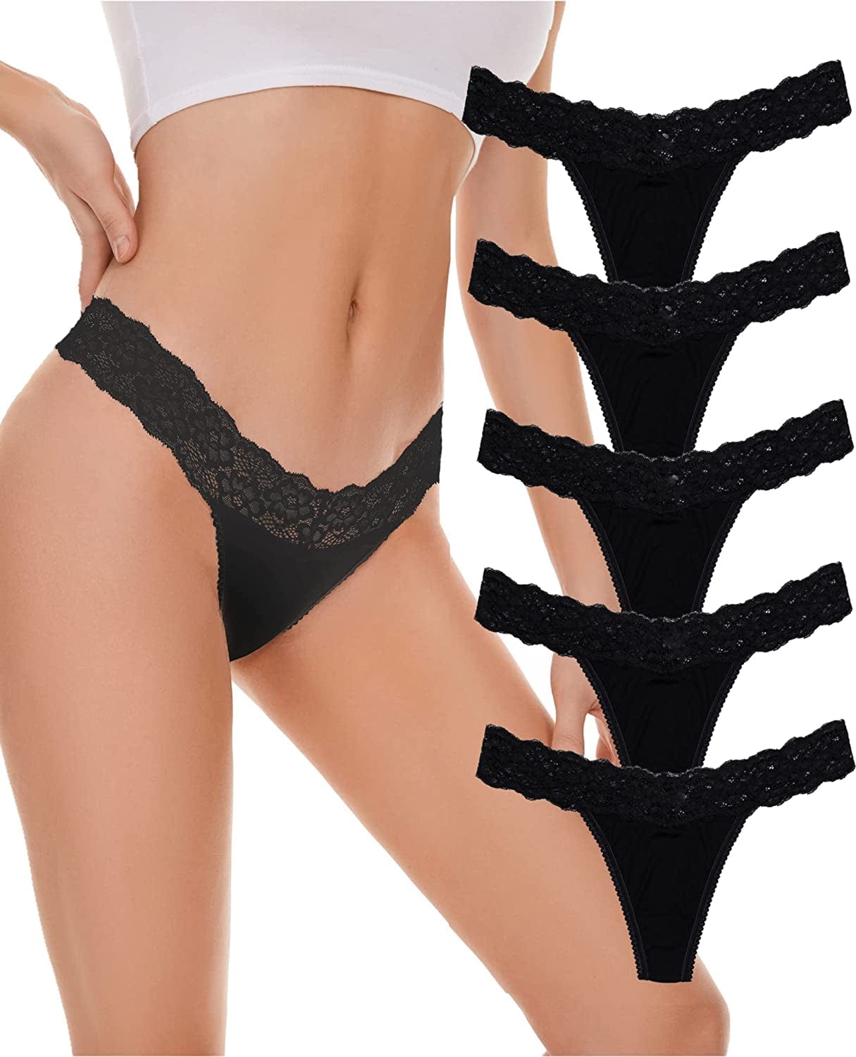 VEMILOTS Lace Thongs for Women Pack Seamless Stretch No Show Underwear Cotton Modal Thong Panties 5 Pack 5pc Black / X-Large
