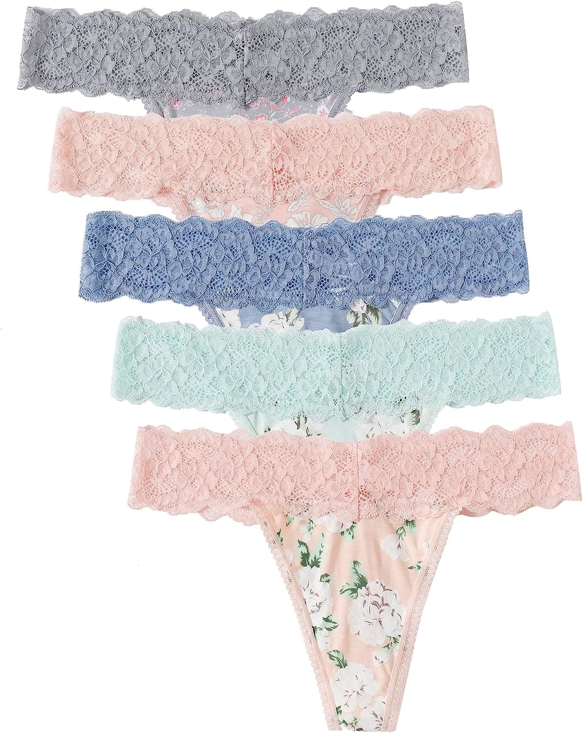 VEMILOTS Lace Thongs for Women Pack Seamless Stretch No Show Underwear Cotton Modal Thong Panties 5 Pack 5pc Floral / X-Large