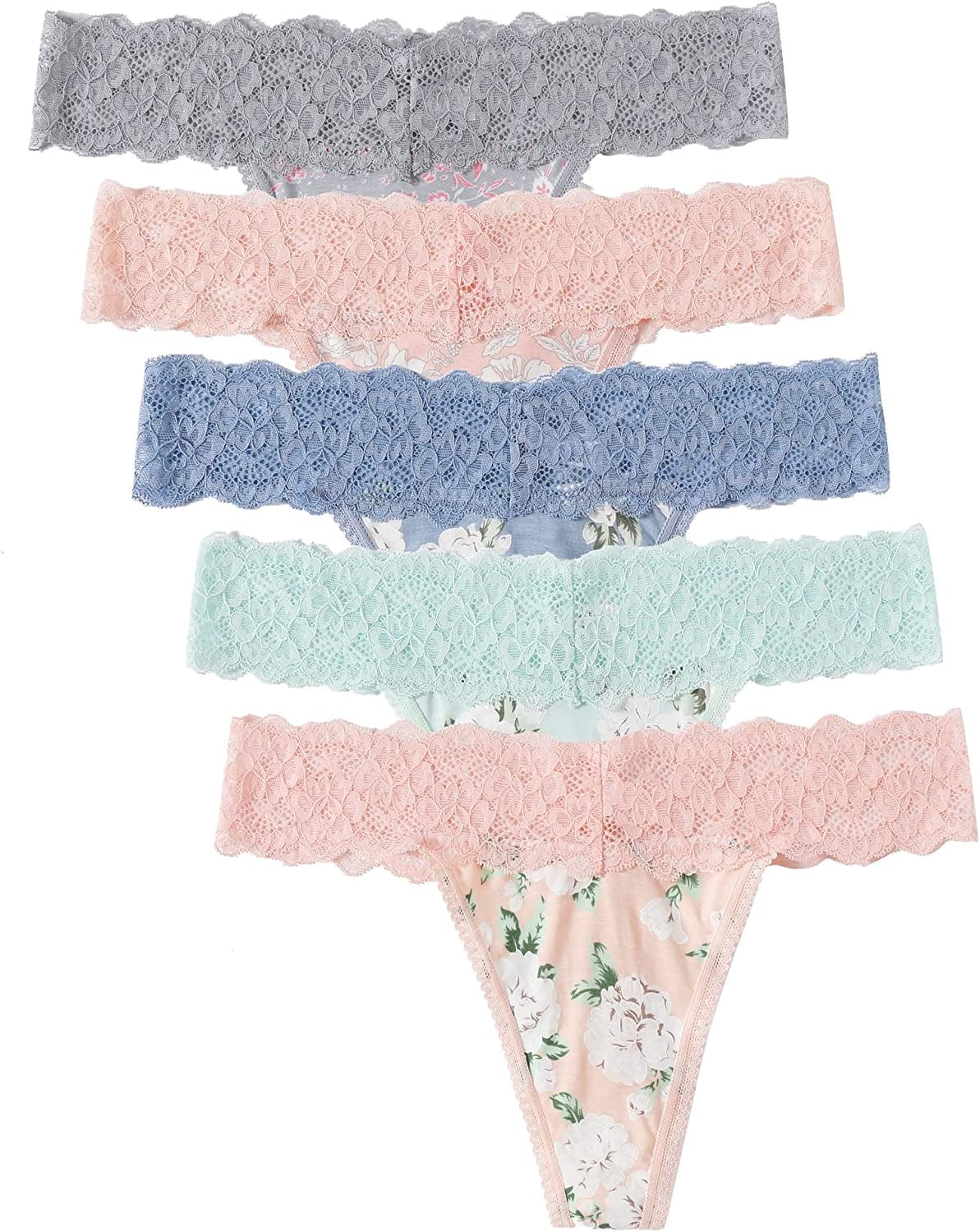 VEMILOTS Lace Thongs for Women Pack Seamless Stretch No Show Underwear Cotton Modal Thong Panties 5 Pack 5pc Floral / Large
