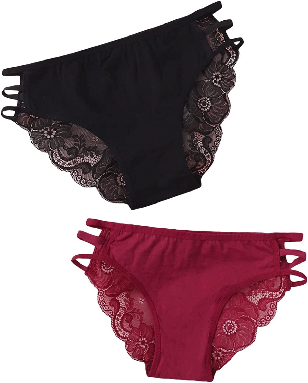 Verdusa Women'S Lace Thong Strappy Underwear Panty Set Sheer Floral Soft Low Waist Burgundy Black / Small