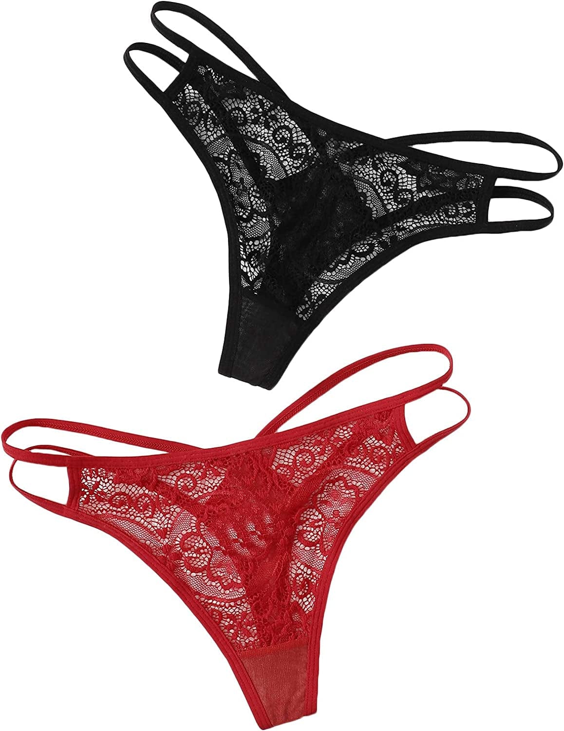 Verdusa Women'S Lace Thong Strappy Underwear Panty Set Sheer Floral Soft Low Waist Black Red / Small