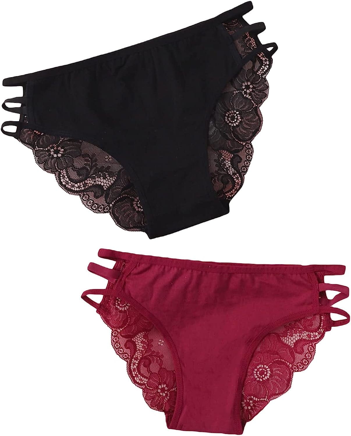 Verdusa Women'S Lace Thong Strappy Underwear Panty Set Sheer Floral Soft Low Waist Burgundy Black / Large