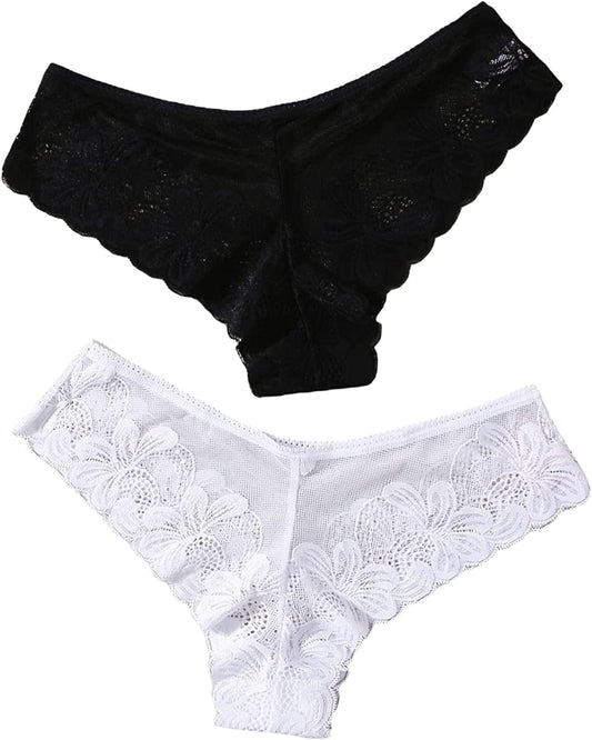 Verdusa Women'S Lace Thong Strappy Underwear Panty Set Sheer Floral Soft Low Waist White Black / X-Large