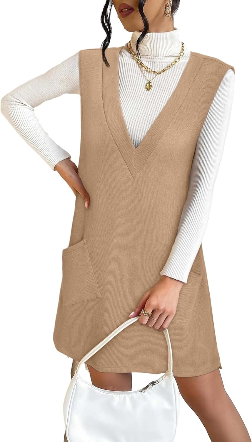 VETIOR Women'S Fall Winter Dress 2023 Sweater V Neck Sleeveless Pinafore Overall Dress with Pockets Khaki / Medium