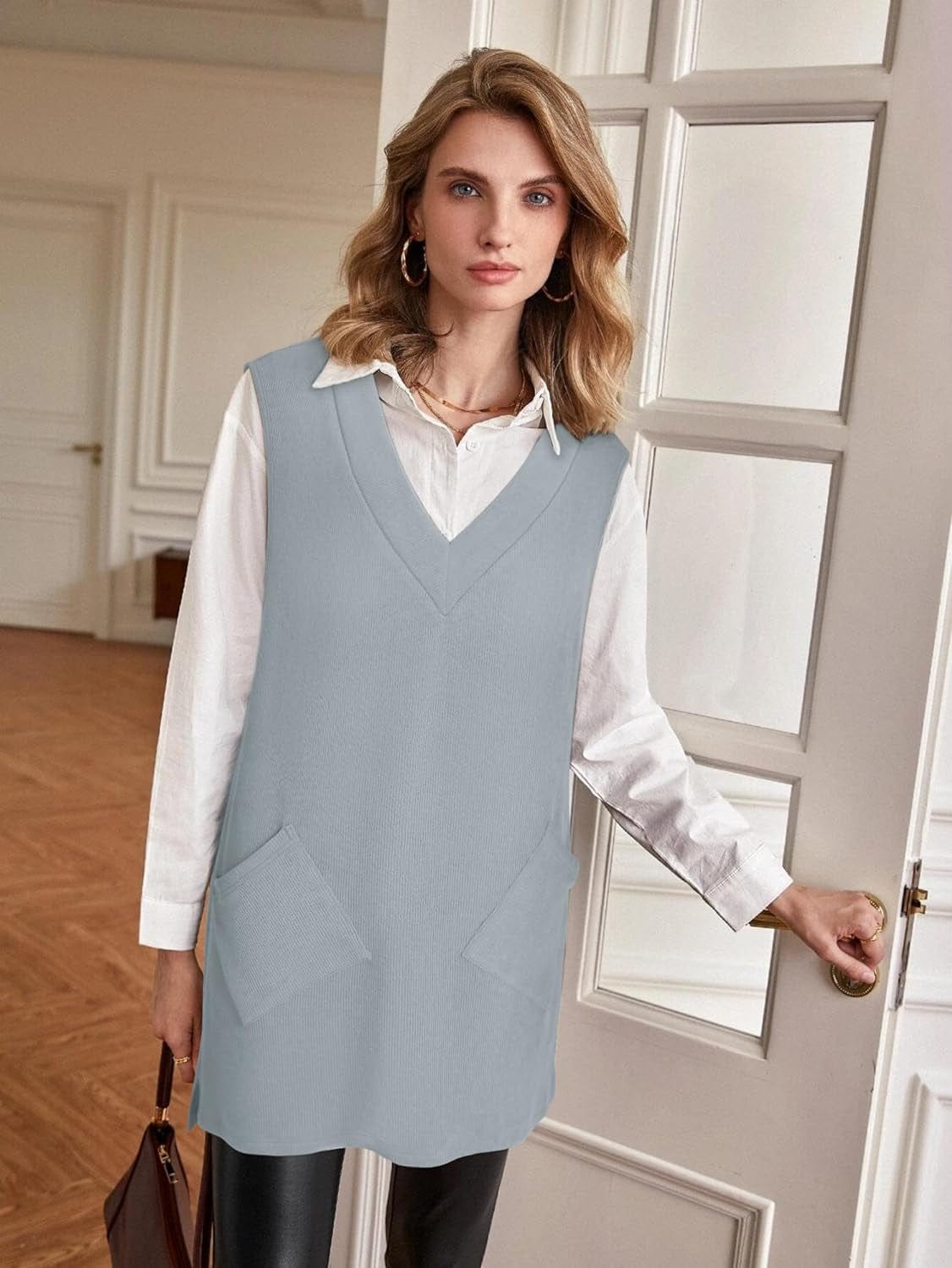 VETIOR Women'S Fall Winter Dress 2023 Sweater V Neck Sleeveless Pinafore Overall Dress with Pockets