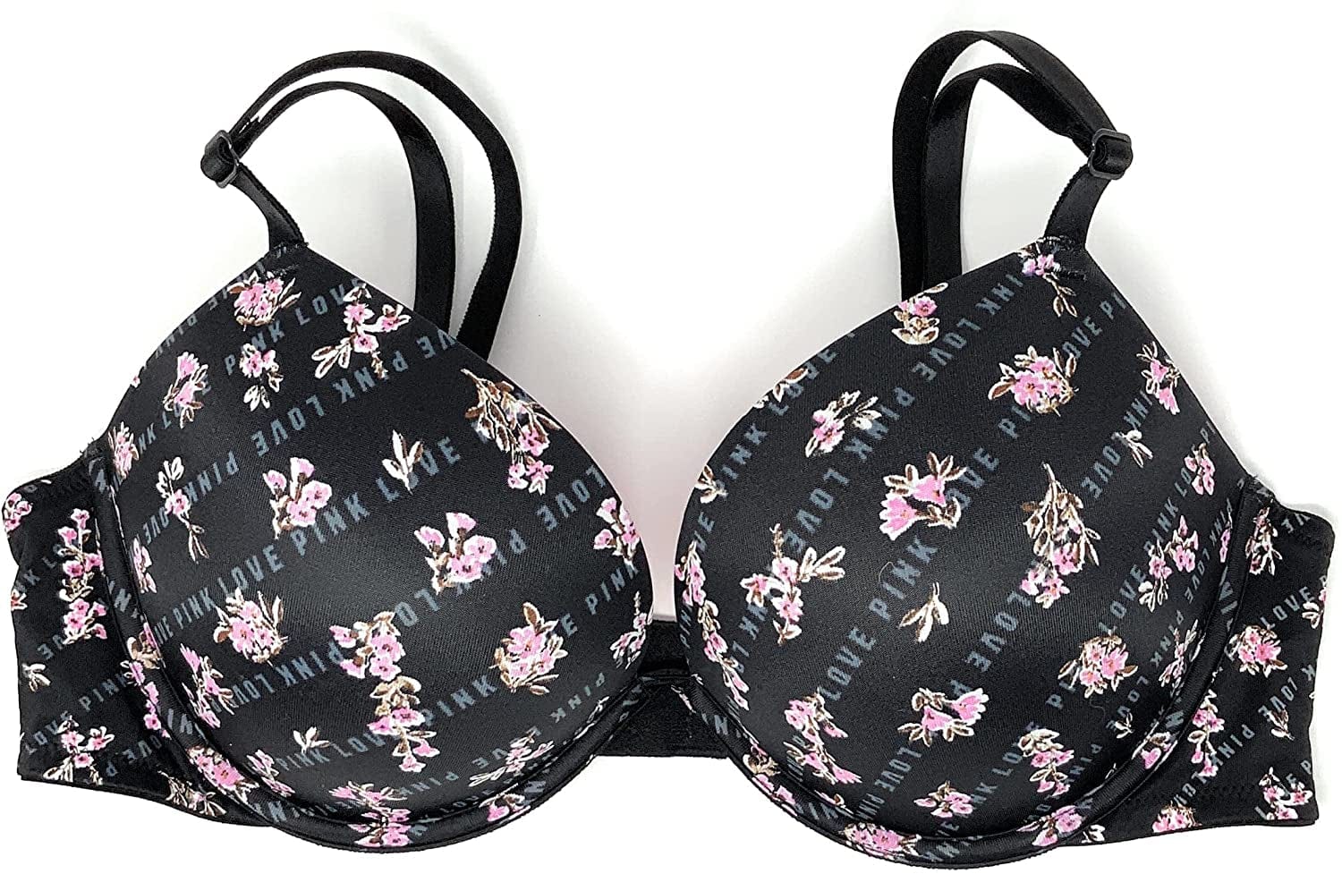 Victoria'S Secret Pink Wear Everywhere Super Push-Up Bra Black Floral Linear Logo / 34C