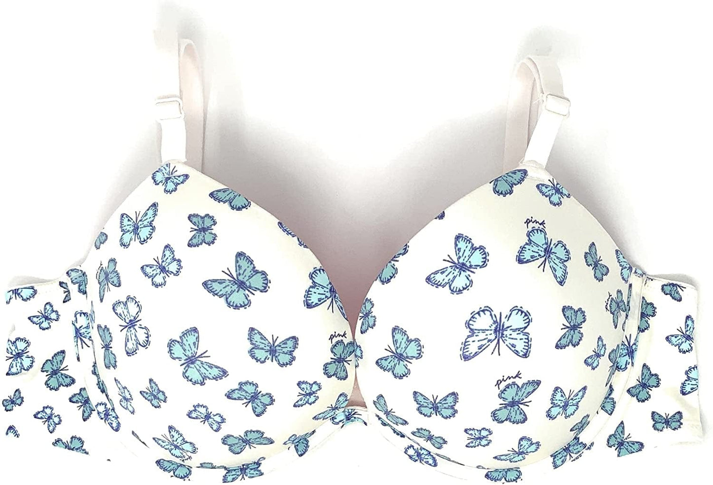 Victoria'S Secret Pink Wear Everywhere Super Push-Up Bra White / Blue Butterflies / 38B
