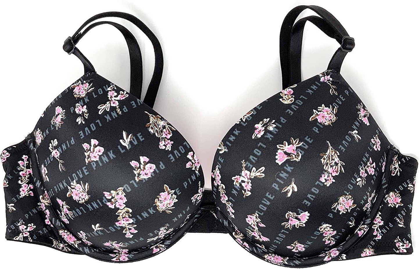 Victoria'S Secret Pink Wear Everywhere Super Push-Up Bra Black Floral Linear Logo / 34C