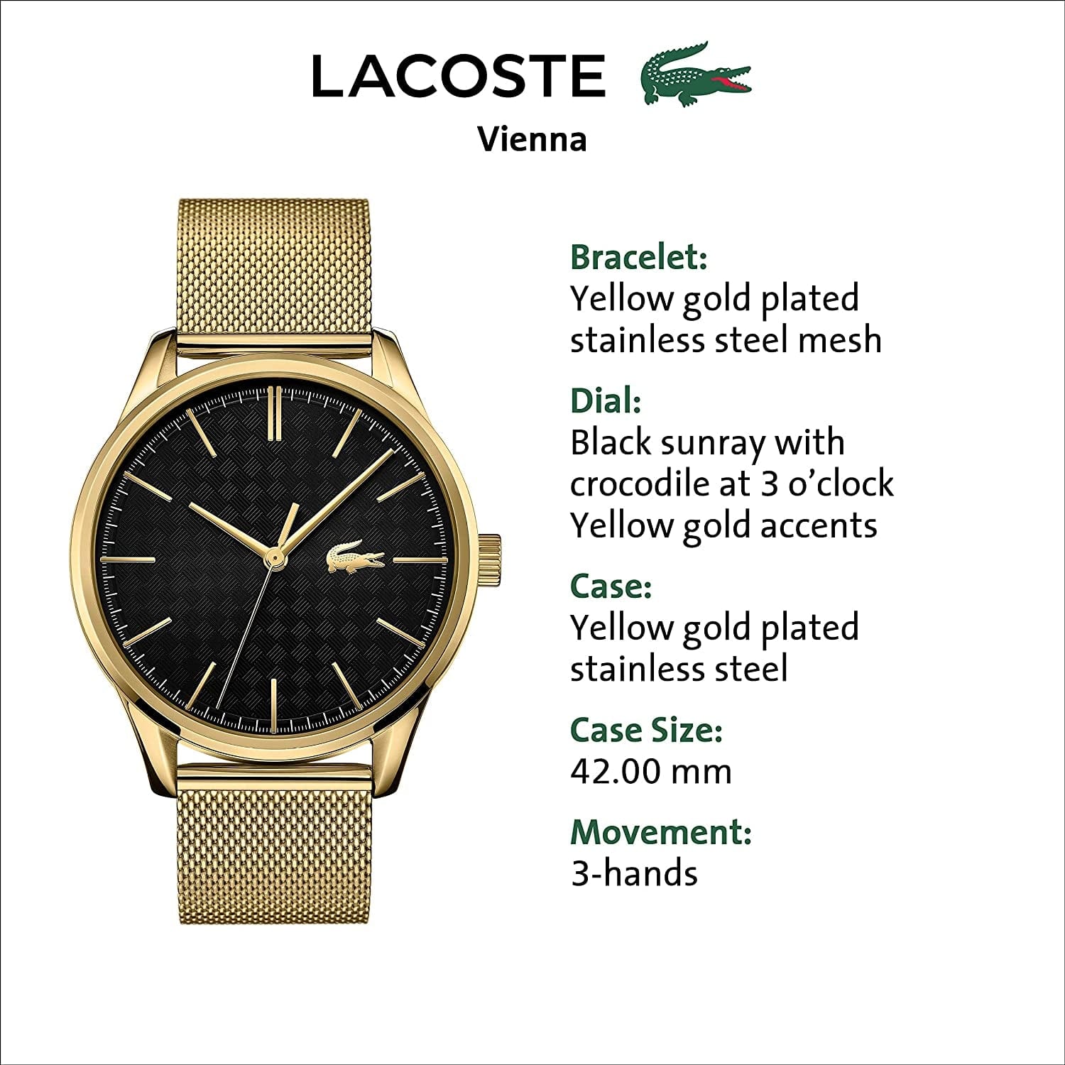 Vienna Men'S Quartz Stainless Steel and Mesh Bracelet Casual Watch, Color: Yellow (Model: 2011104)