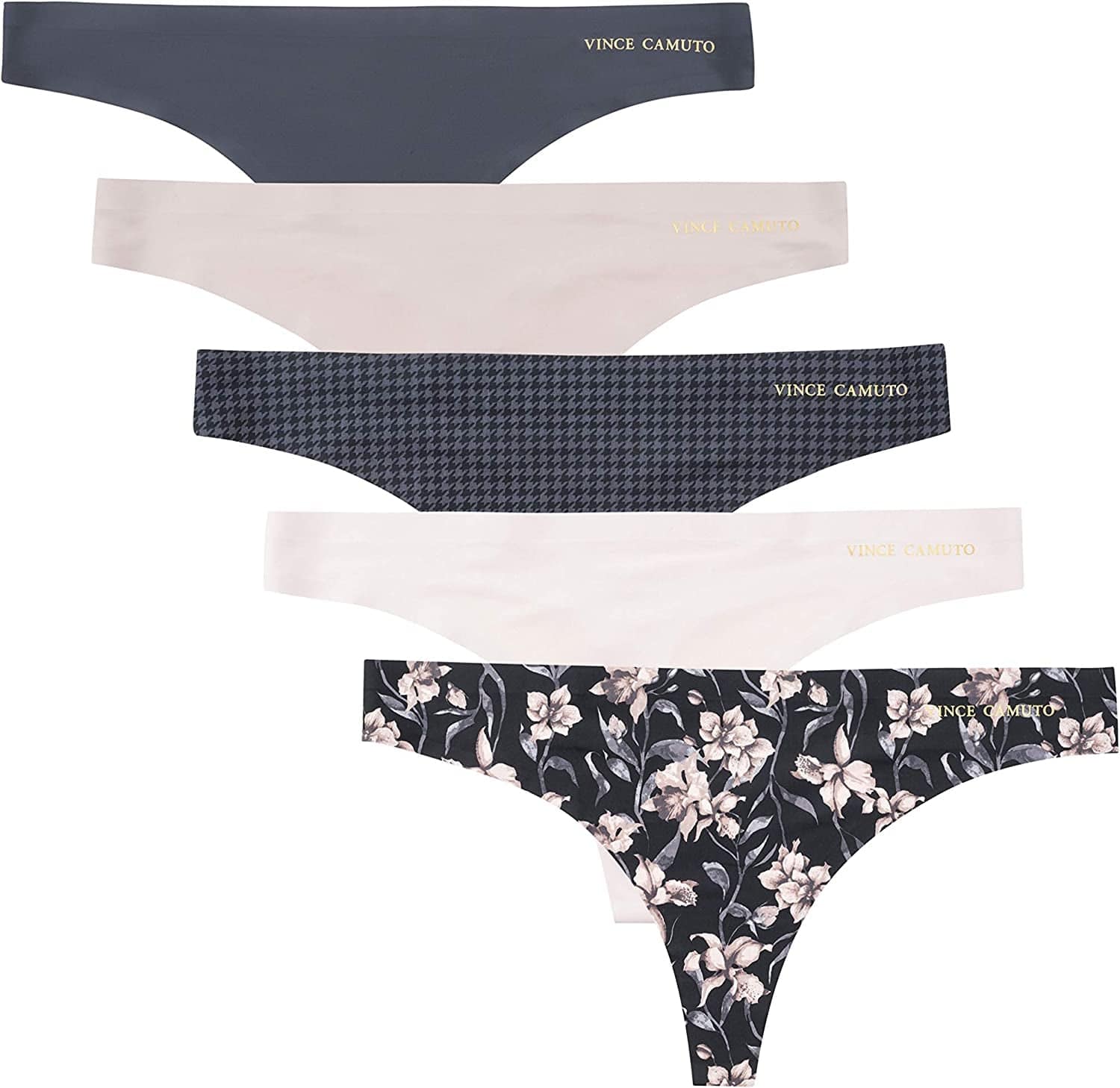 Vince Camuto Women'S No Show Seamless Thong Panty Multi-Pack Underwear (5-pack) Floral/Violet/Houndstooth/Taupe/Graphite / Medium