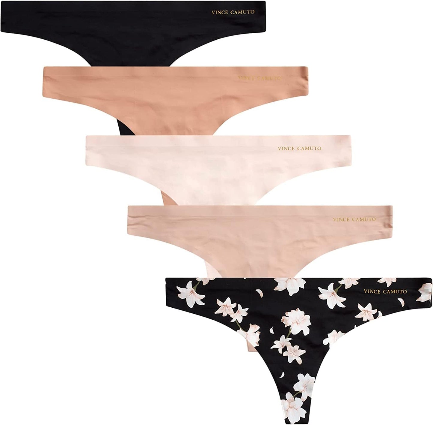 Vince Camuto Women'S Underwear - 5 Pack Seamless Thong Panties (S-XL) Black Floral/Ballet/Tan/Chai/Black / X-Large