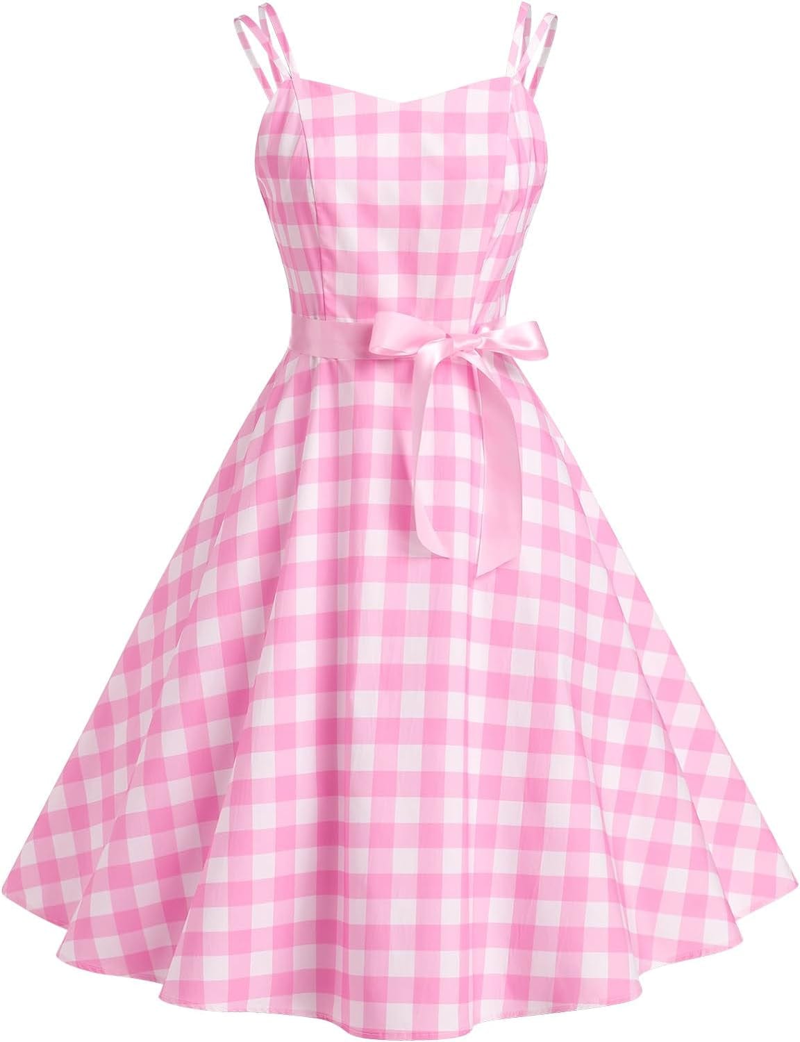 Vintage Pink Gingham Dress for Women Vintage 1950S Cocktail Party Swing Dress 50'S Retro Spaghetti Strap Pink Plaid Dress Pink Plaid / Small