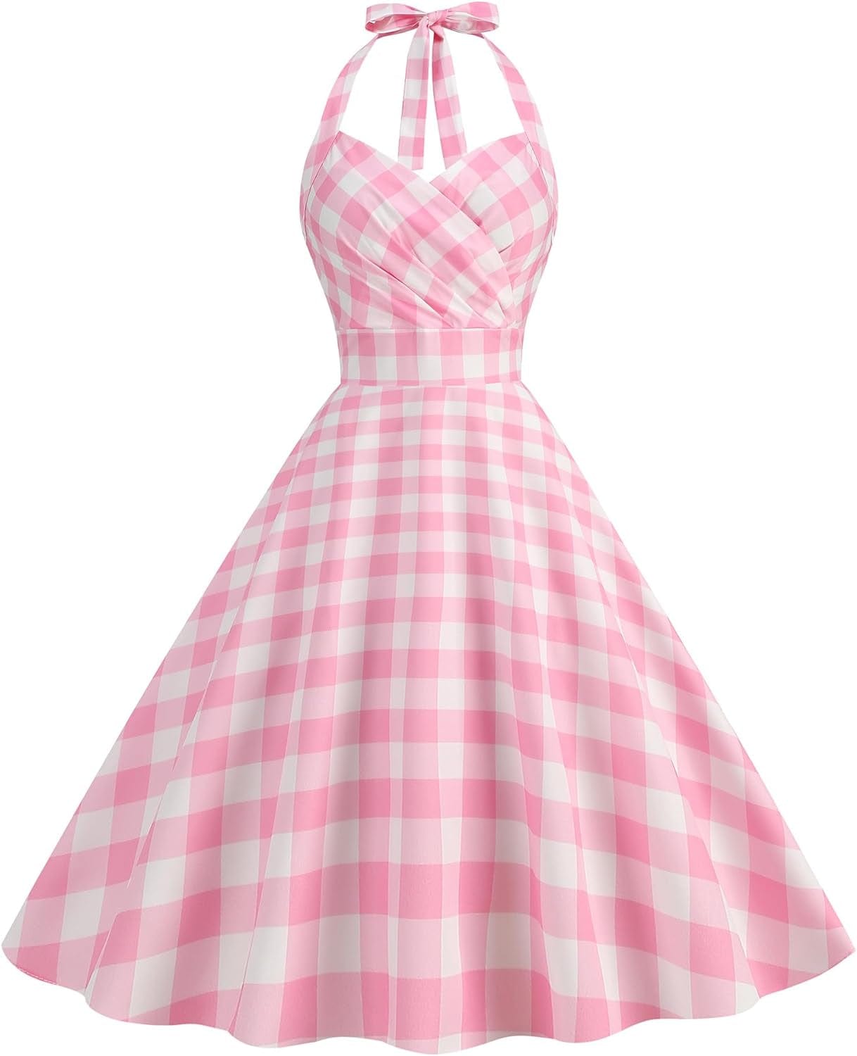 Vintage Pink Gingham Dress for Women Vintage 1950S Cocktail Party Swing Dress 50'S Retro Spaghetti Strap Pink Plaid Dress Pink-Halterneck / Small