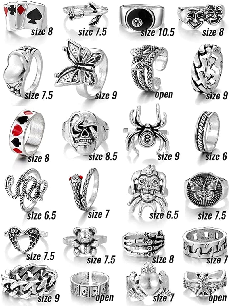 Vintage Silver Goth Punk Rings Set for Men Women Girls, Cool Gothic Ring Pack, Chunky Stackable Knuckle Finger Rings Bulk, Adjustable Open Snake Spider Frog Butterfly Grunge Stacking Rings
