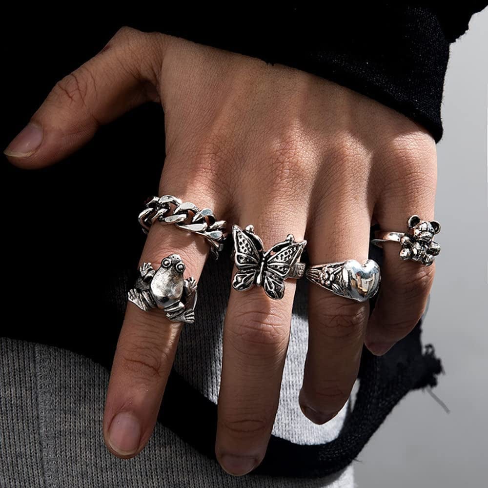 Vintage Silver Goth Punk Rings Set for Men Women Girls, Cool Gothic Ring Pack, Chunky Stackable Knuckle Finger Rings Bulk, Adjustable Open Snake Spider Frog Butterfly Grunge Stacking Rings