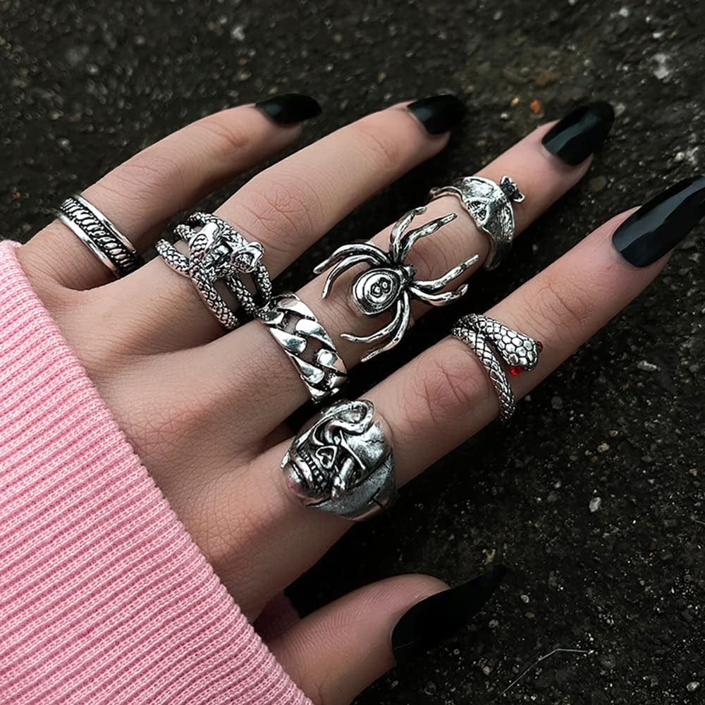 Vintage Silver Goth Punk Rings Set for Men Women Girls, Cool Gothic Ring Pack, Chunky Stackable Knuckle Finger Rings Bulk, Adjustable Open Snake Spider Frog Butterfly Grunge Stacking Rings