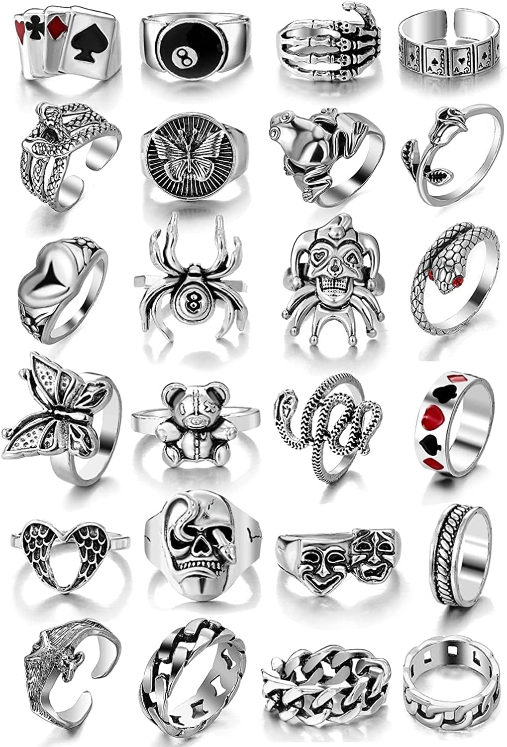 Vintage Silver Goth Punk Rings Set for Men Women Girls, Cool Gothic Ring Pack, Chunky Stackable Knuckle Finger Rings Bulk, Adjustable Open Snake Spider Frog Butterfly Grunge Stacking Rings Gothic 24pcs