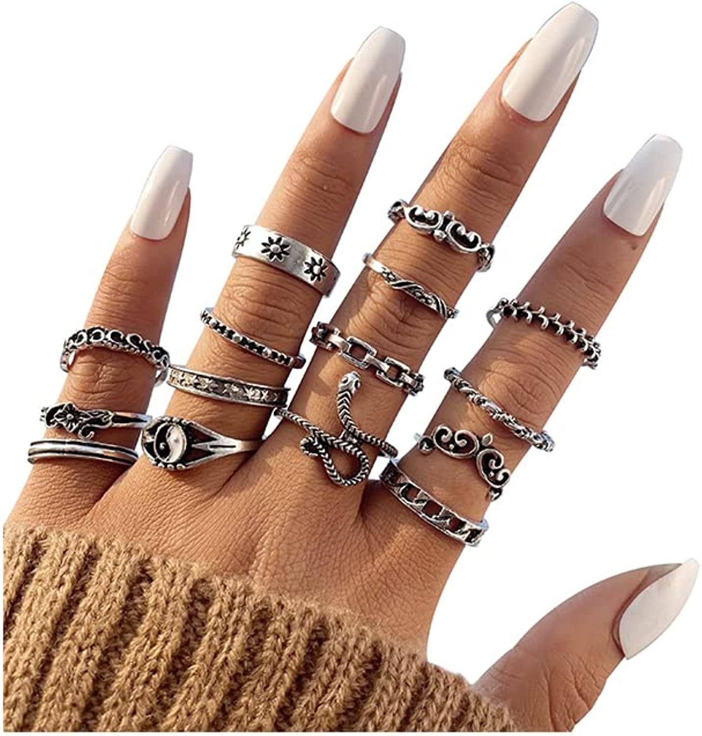 Vintage Silver Knuckle Rings Set for Women Girls, Open Stackable Midi Rings, Boho Butterfly Snake Finger Ring Pack Snake sun silver