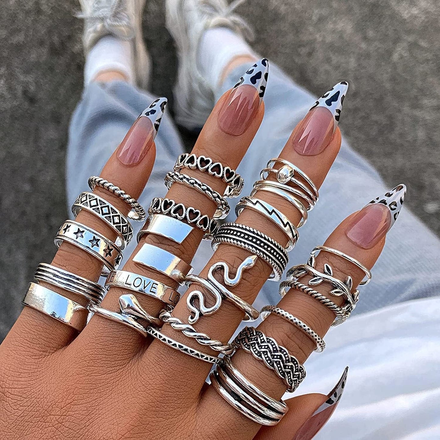 Vintage Silver Knuckle Rings Set for Women Girls, Open Stackable Midi Rings, Boho Butterfly Snake Finger Ring Pack