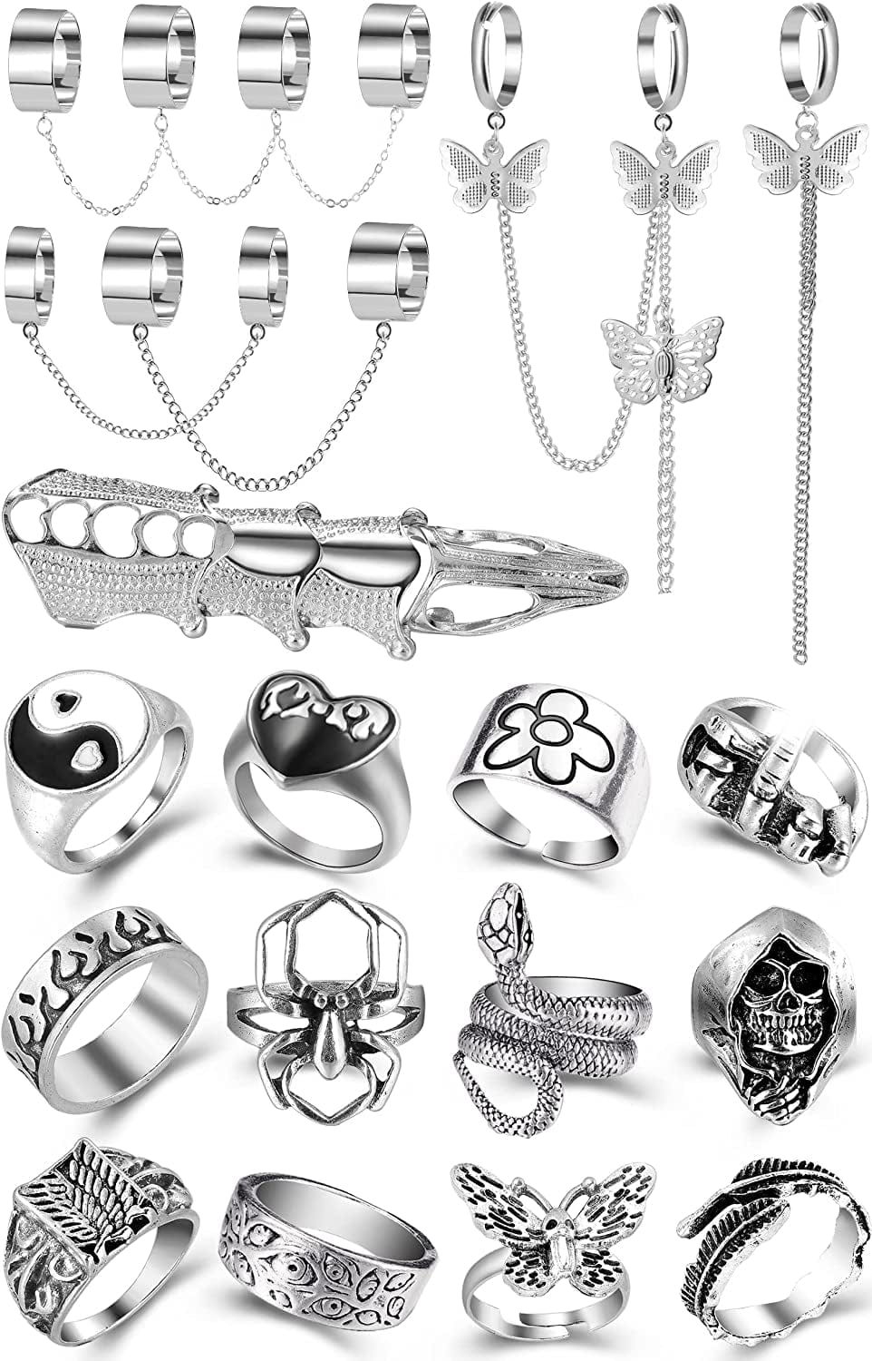 Vintage Silver Open Punk Rings for Men Women, 24PCS Adjustable Rings, Alt Rings, Chunky Silver Rings, Bulky Rings, Hippie Rings ,Cool Gothic Ring,Statement Stacking Ring, Skull Snake Star Flower Heart Eboy Emo Y2K Ring Style-6
