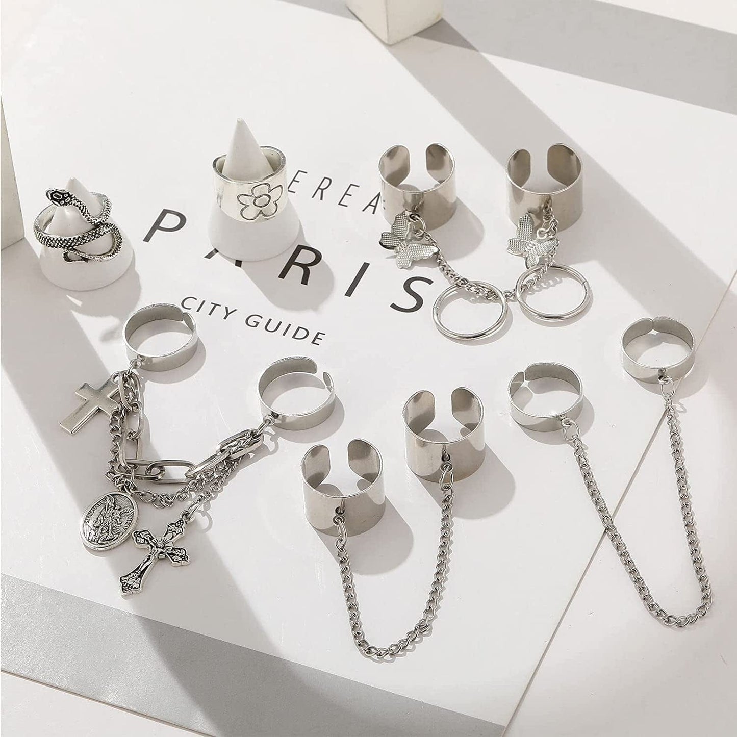 Vintage Silver Punk Rings for Men Women Girls, Cool Goth Ring Set, Eboy Gothic Ring, Open Chunky Knuckle Emo Rings, Boho Stackable Y2K Ace Butterfly Skull Heart Flower Rings Pack Chain Rings