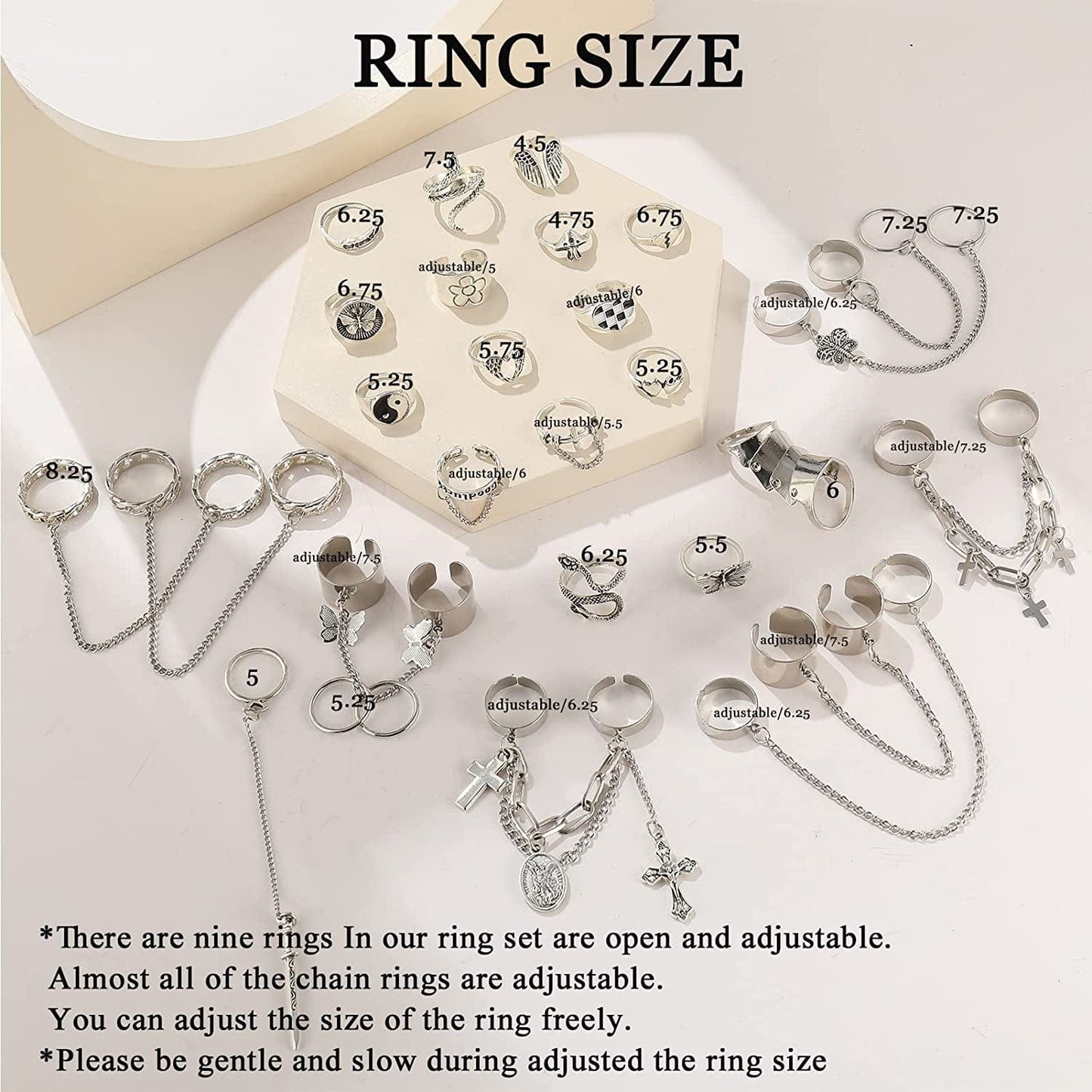 Vintage Silver Punk Rings for Men Women Girls, Cool Goth Ring Set, Eboy Gothic Ring, Open Chunky Knuckle Emo Rings, Boho Stackable Y2K Ace Butterfly Skull Heart Flower Rings Pack Chain Rings