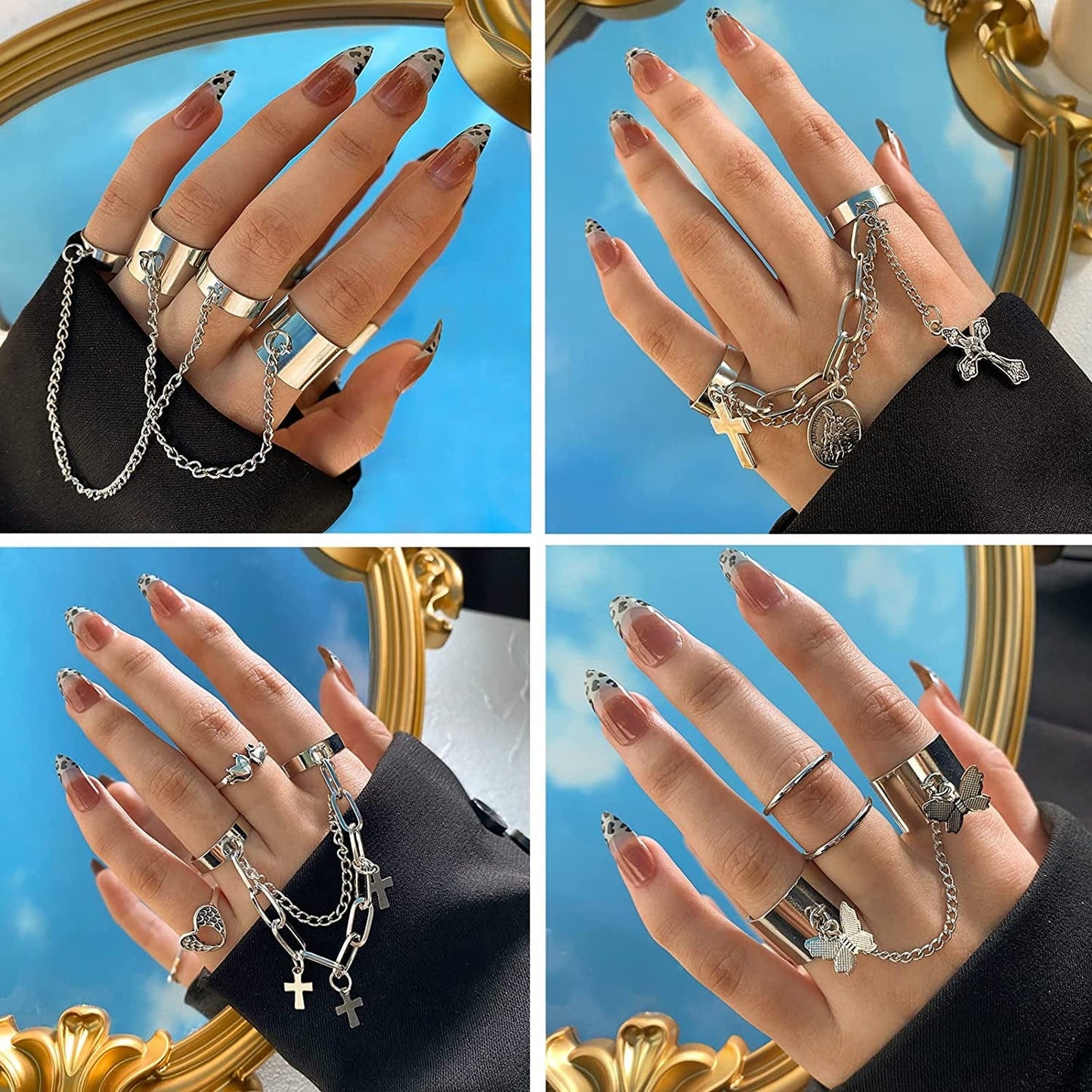 Vintage Silver Punk Rings for Men Women Girls, Cool Goth Ring Set, Eboy Gothic Ring, Open Chunky Knuckle Emo Rings, Boho Stackable Y2K Ace Butterfly Skull Heart Flower Rings Pack Chain Rings