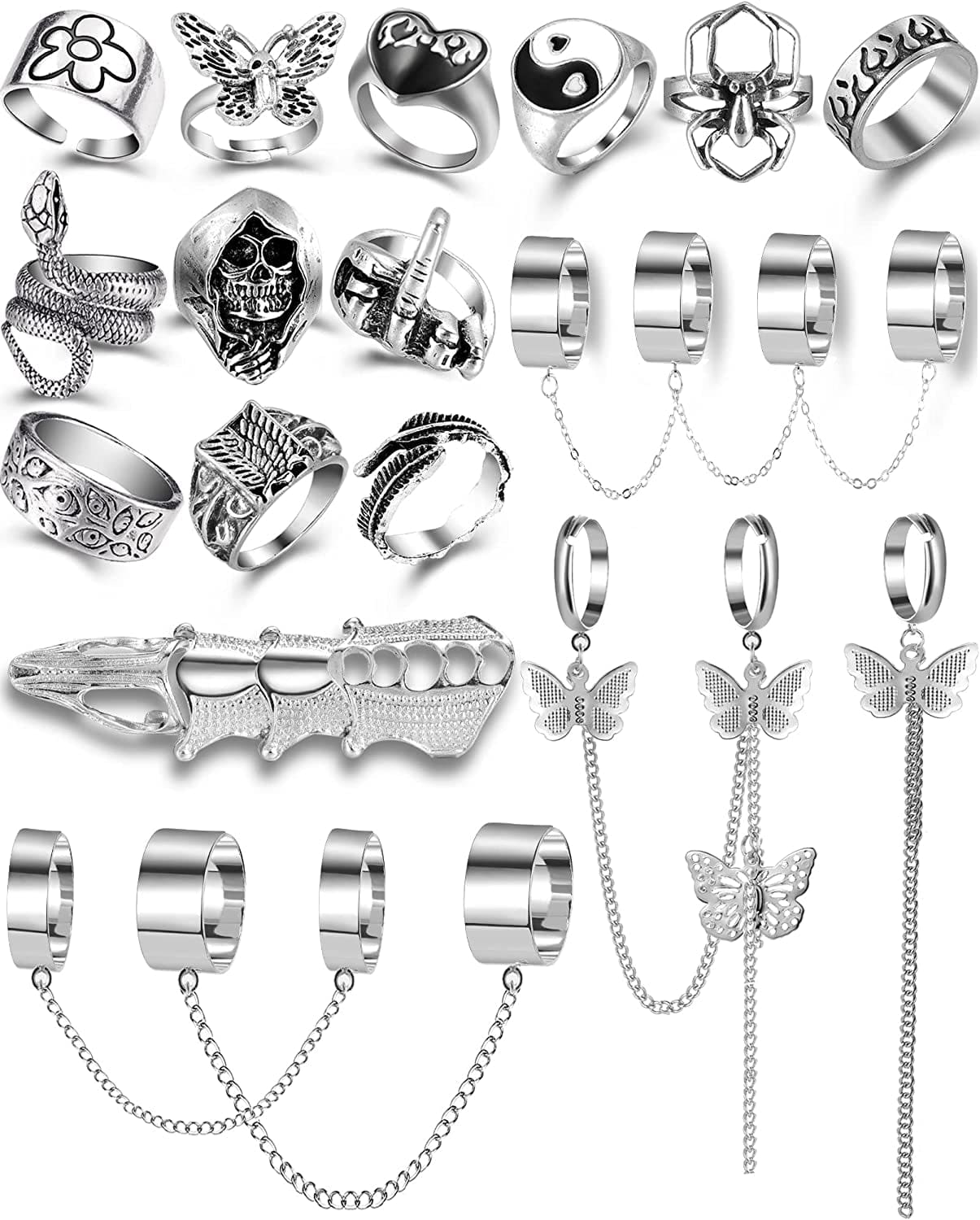 Vintage Silver Punk Rings for Women Girls, Stackable Hippie Rings, Snake Butterfly Heart Open Y2K Rings, Cool Gothic Emo Ring Pack for Gift silver-24 pcs