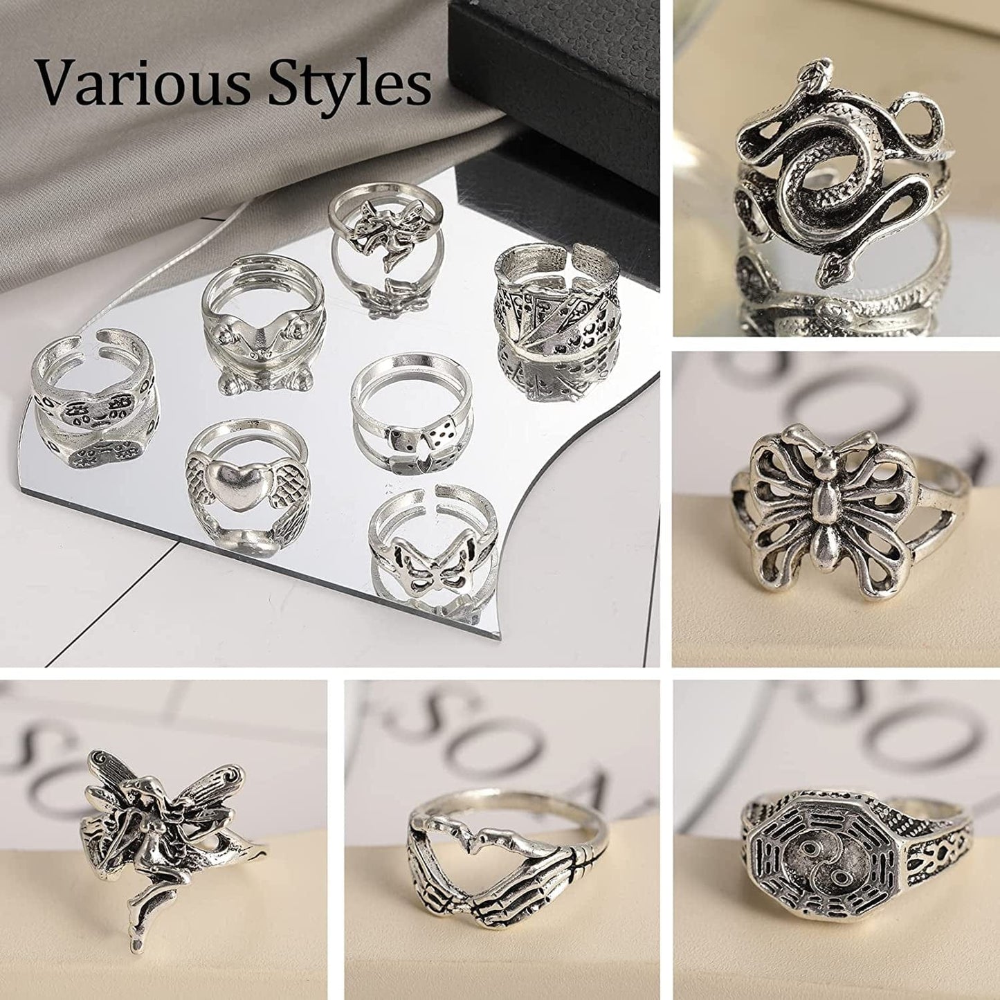 Vintage Silver Punk Rings for Women Girls, Stackable Hippie Rings, Snake Butterfly Heart Open Y2K Rings, Cool Gothic Emo Ring Pack for Gift