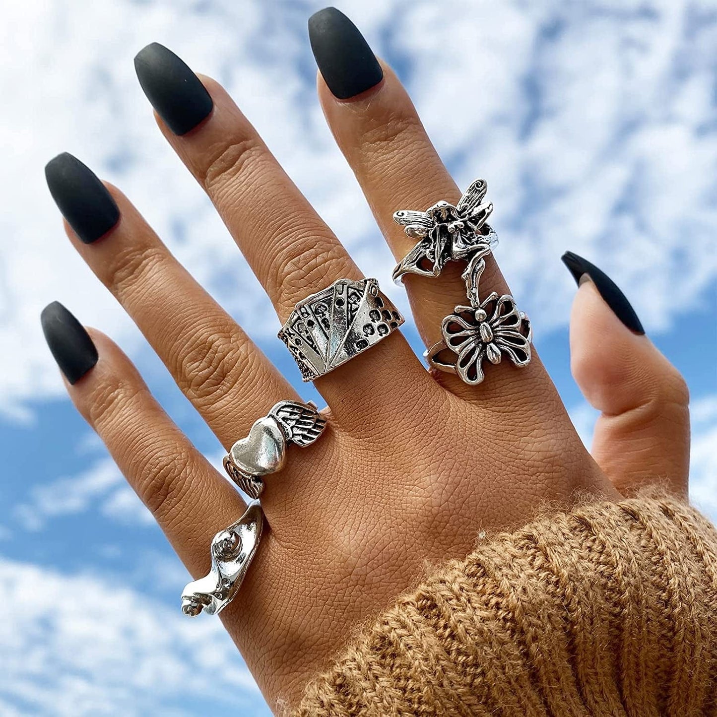 Vintage Silver Punk Rings for Women Girls, Stackable Hippie Rings, Snake Butterfly Heart Open Y2K Rings, Cool Gothic Emo Ring Pack for Gift