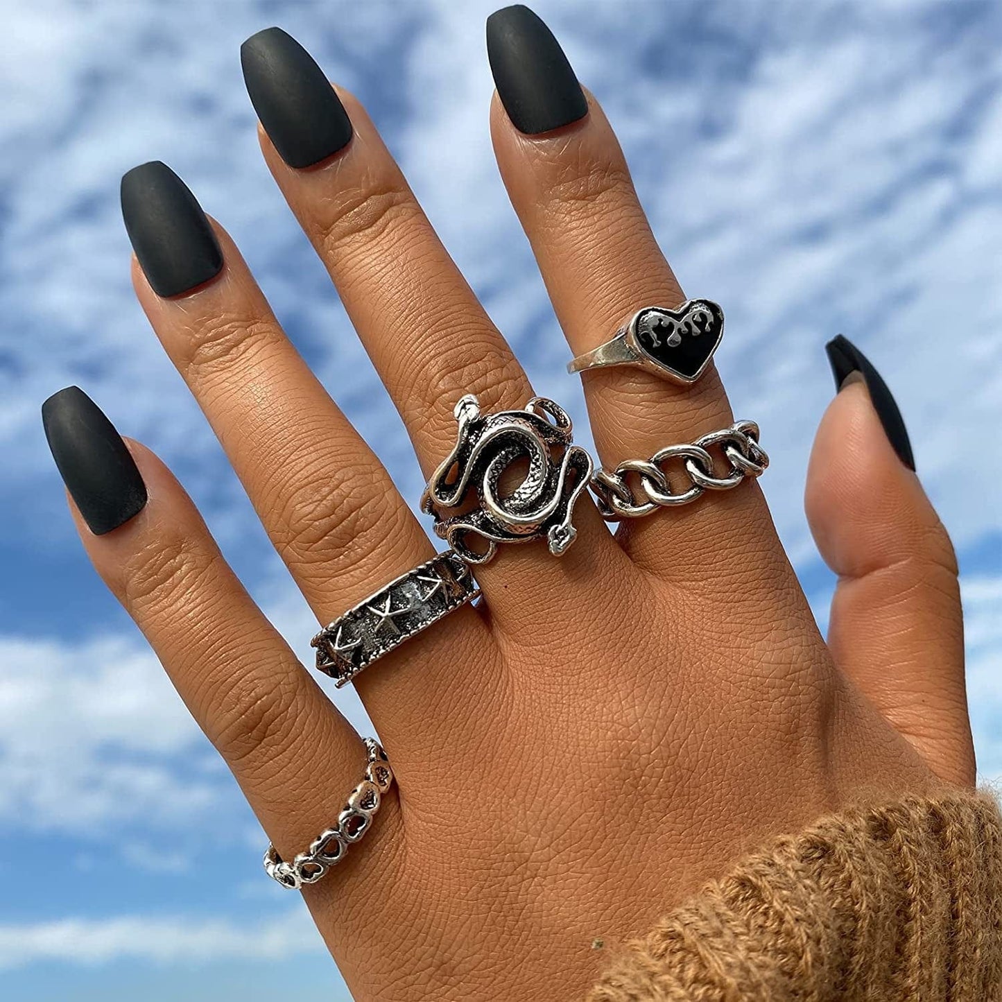 Vintage Silver Punk Rings for Women Girls, Stackable Hippie Rings, Snake Butterfly Heart Open Y2K Rings, Cool Gothic Emo Ring Pack for Gift