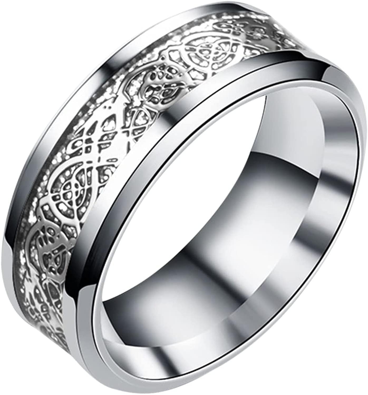 Vintage Stainless Steel Rings Band for Men Celtic- Dragon Beveled Edges Celtic-Fingering Women Rings Wedding Band Ring , Size 6-12 Silver / 9