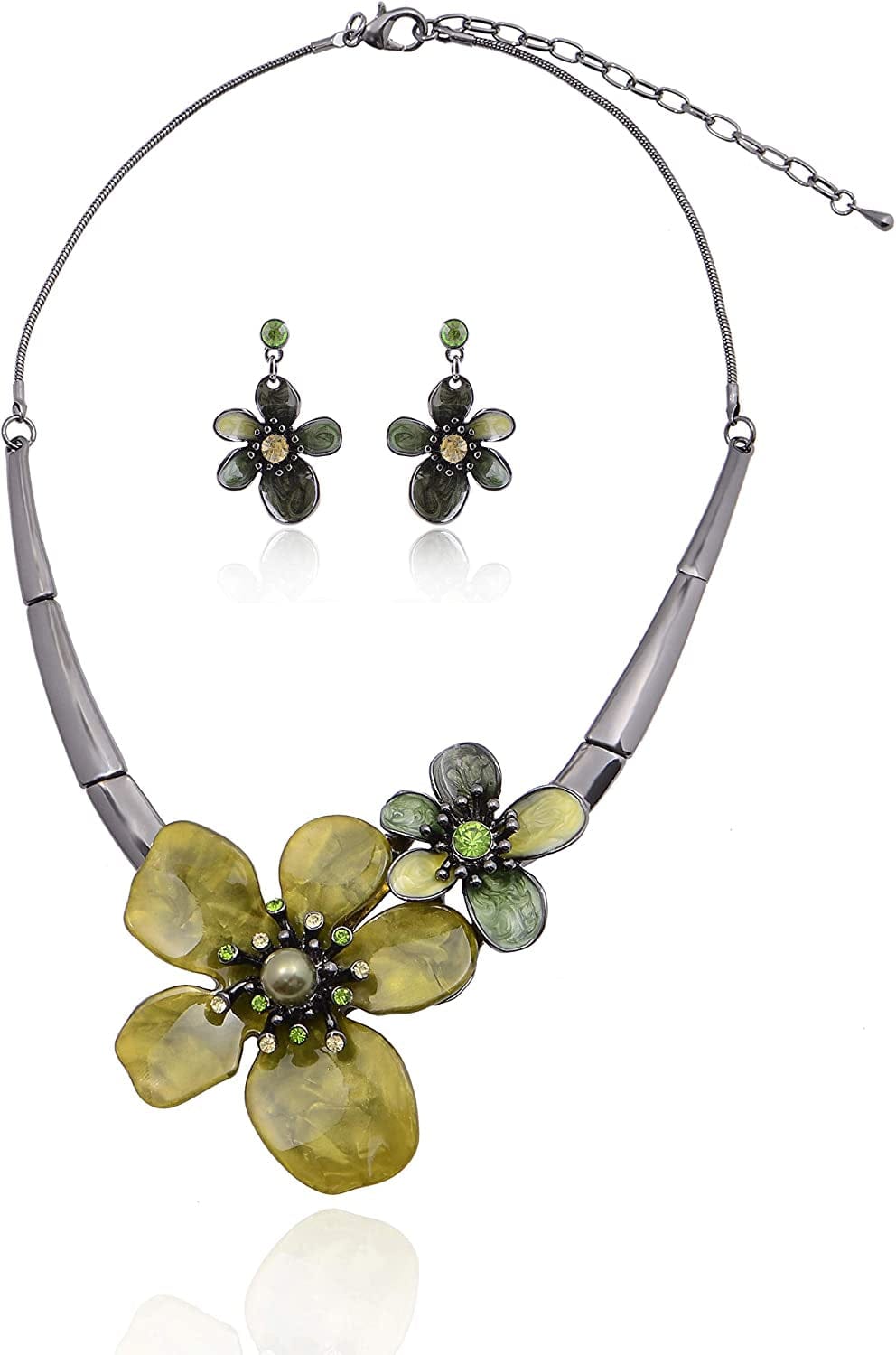 Vintage Statement Jewelry Set - Spring Leaf Flower Floral Plant Necklace Earring Set Crystal Rhinestone Fashion Costume Jewelry for Women Prom Party Unique Gift 2 Flower Jewelry Set Green