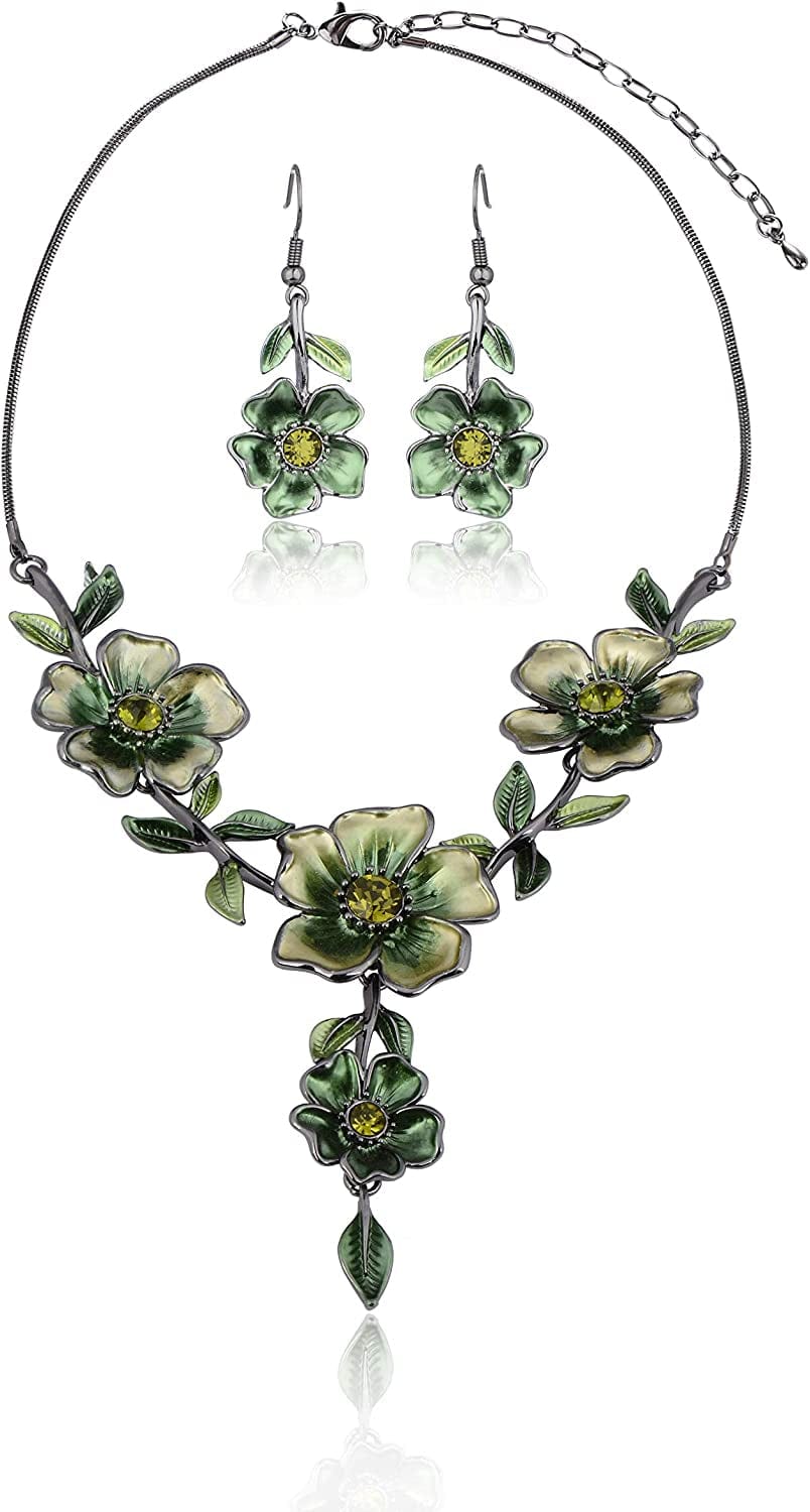 Vintage Statement Jewelry Set - Spring Leaf Flower Floral Plant Necklace Earring Set Crystal Rhinestone Fashion Costume Jewelry for Women Prom Party Unique Gift Green Flower Green Leaf