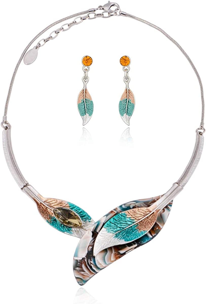 Vintage Statement Jewelry Set - Spring Leaf Flower Floral Plant Necklace Earring Set Crystal Rhinestone Fashion Costume Jewelry for Women Prom Party Unique Gift 2 Leaves Jewelry Set Multicolor