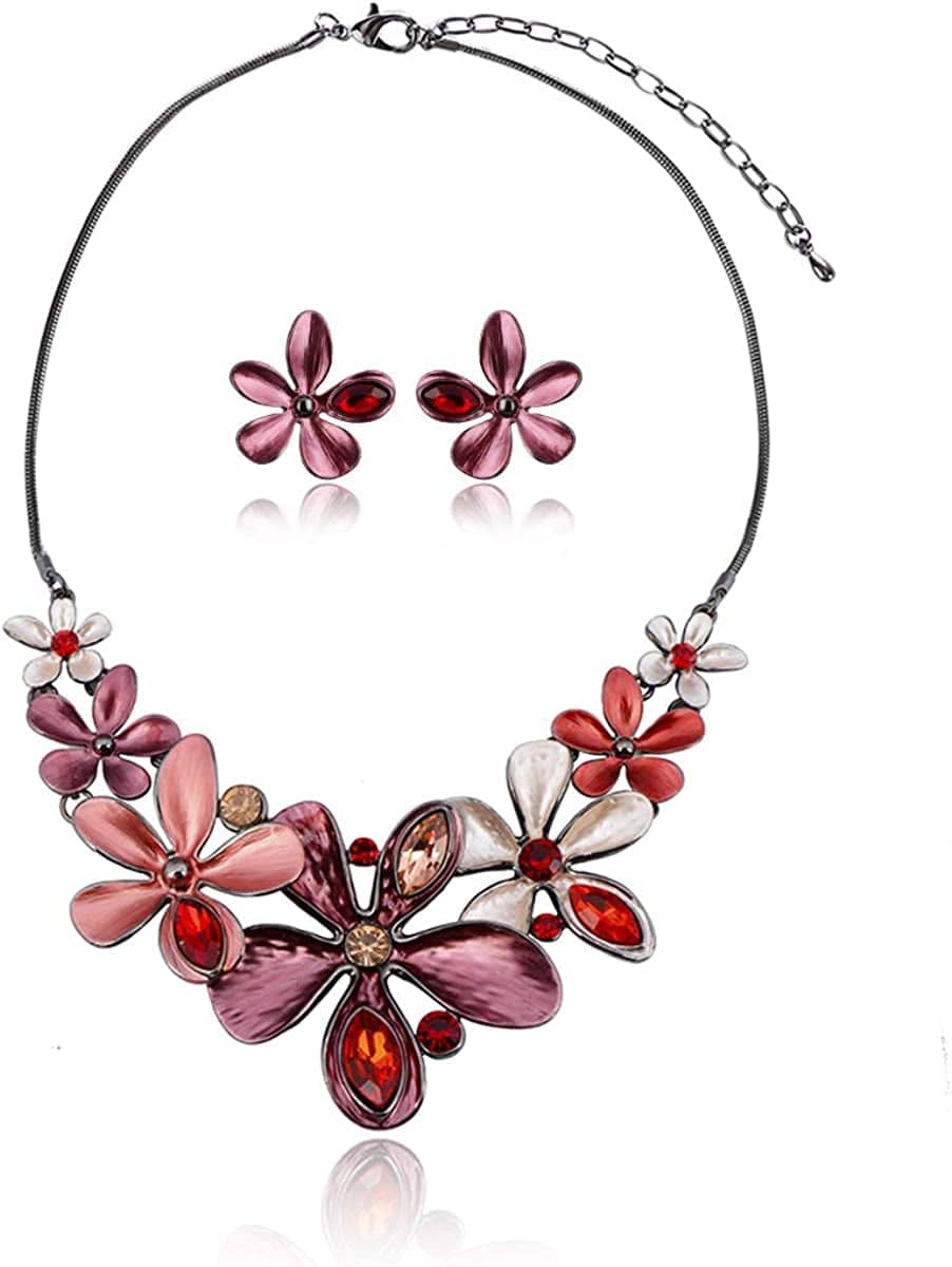 Vintage Statement Jewelry Set - Spring Leaf Flower Floral Plant Necklace Earring Set Crystal Rhinestone Fashion Costume Jewelry for Women Prom Party Unique Gift Red Flower Jewelry Set