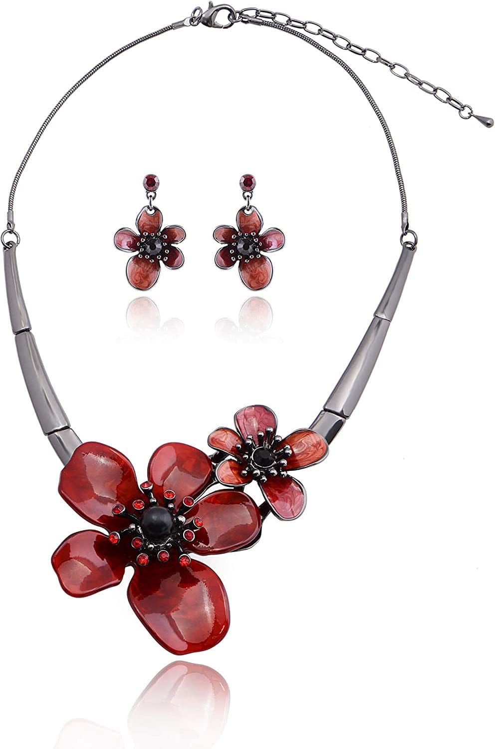 Vintage Statement Jewelry Set - Spring Leaf Flower Floral Plant Necklace Earring Set Crystal Rhinestone Fashion Costume Jewelry for Women Prom Party Unique Gift 2 Flower Jewelry Set Red