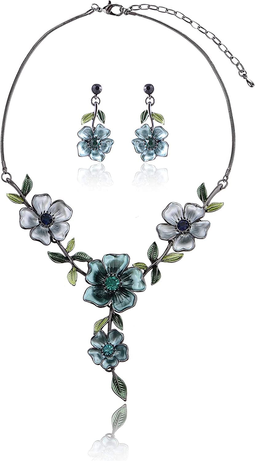 Vintage Statement Jewelry Set - Spring Leaf Flower Floral Plant Necklace Earring Set Crystal Rhinestone Fashion Costume Jewelry for Women Prom Party Unique Gift Blue Flower Green Leaf